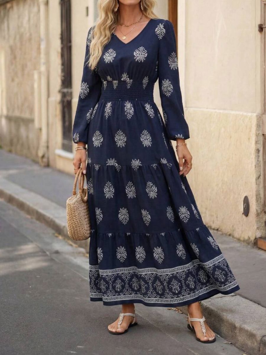 Vestido Largo Estampado Con Escote En V Vestido 18 ZAPRINI Azul S 