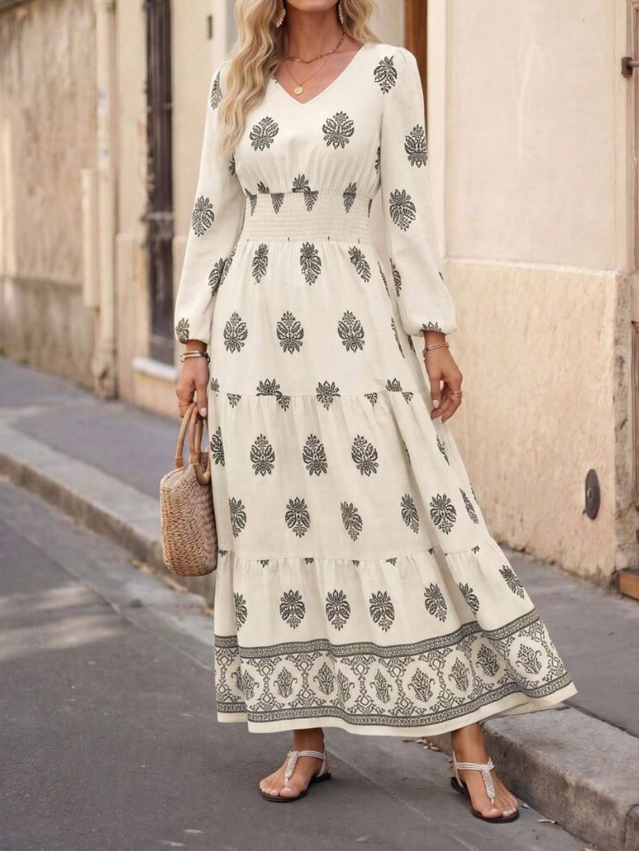 Vestido Largo Estampado Con Escote En V Vestido 18 ZAPRINI Beige S 