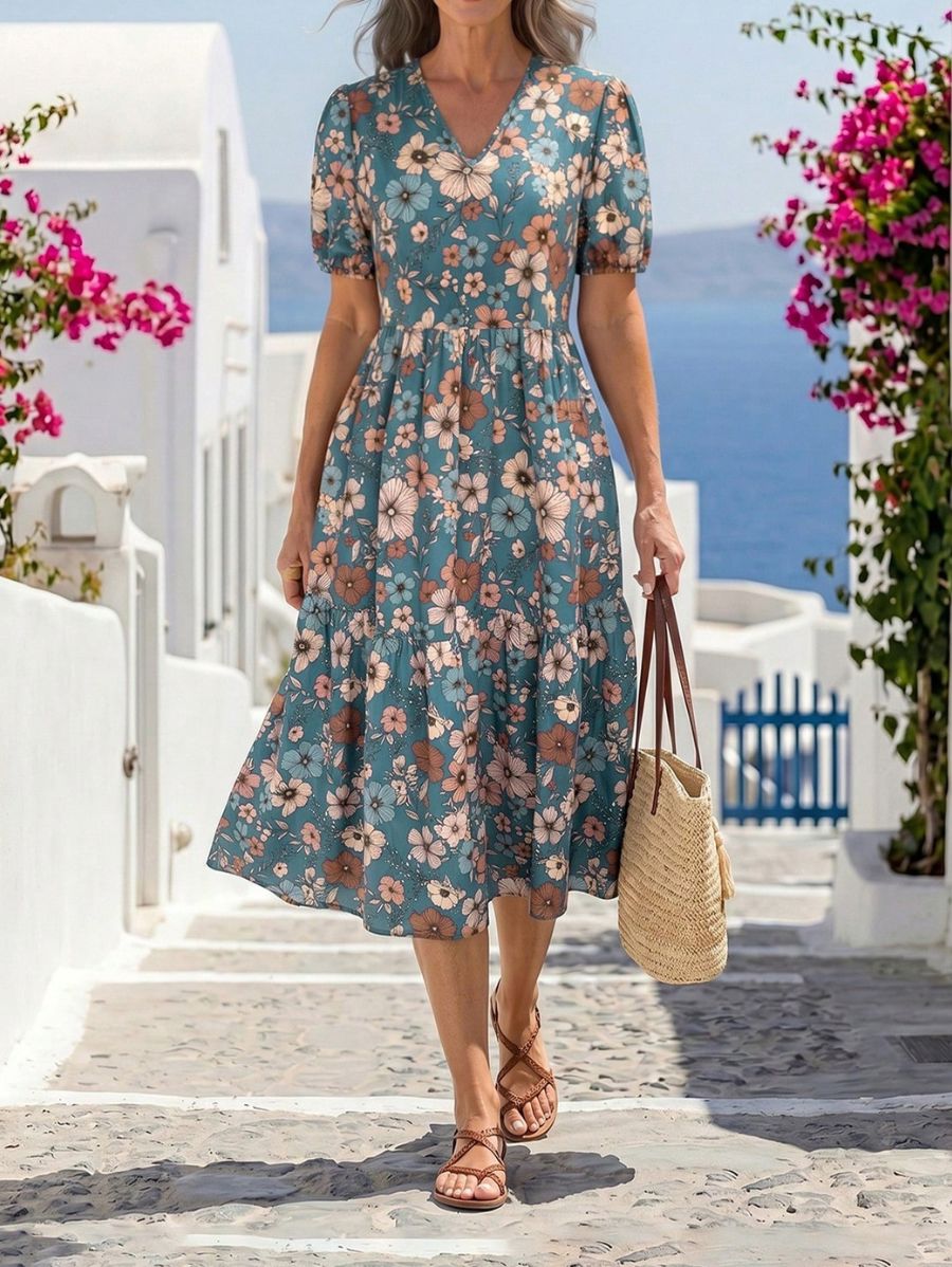 Vestido Manga Corta Con Estampado Floral Vestido 13 ZAPRINI S 