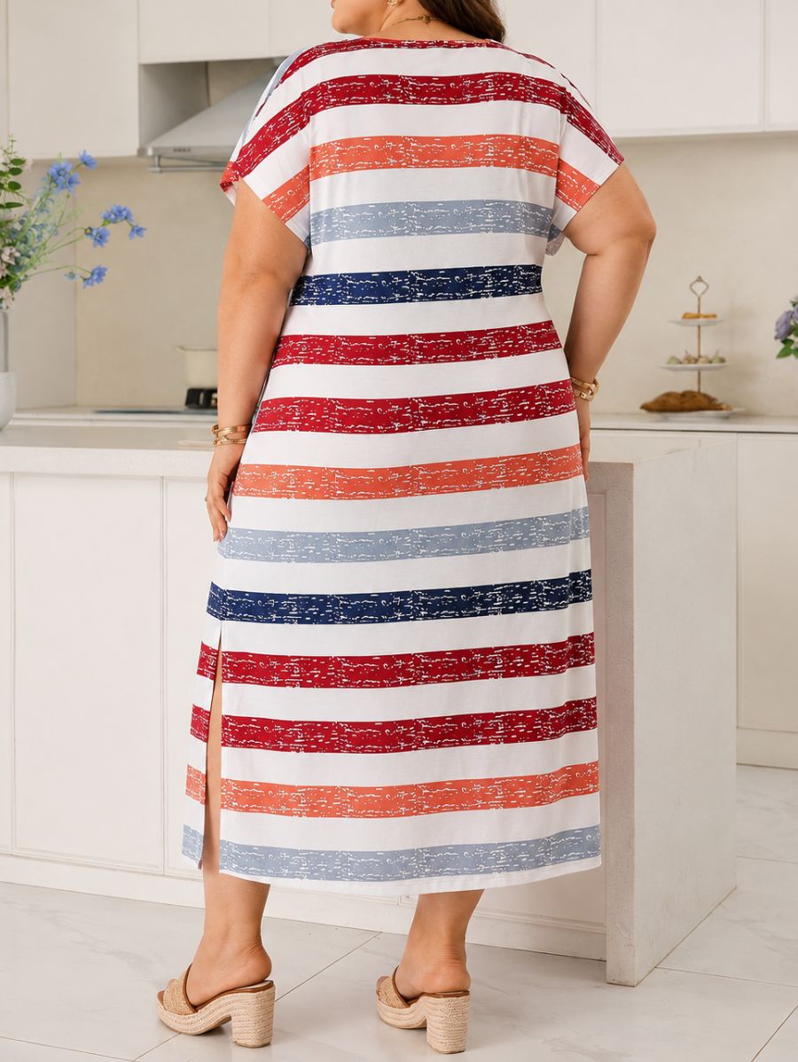 Vestido Midi A Rayas Con Abertura Lateral Plus Size Vestido Plus Size 02 ZAPRINI 0XL 