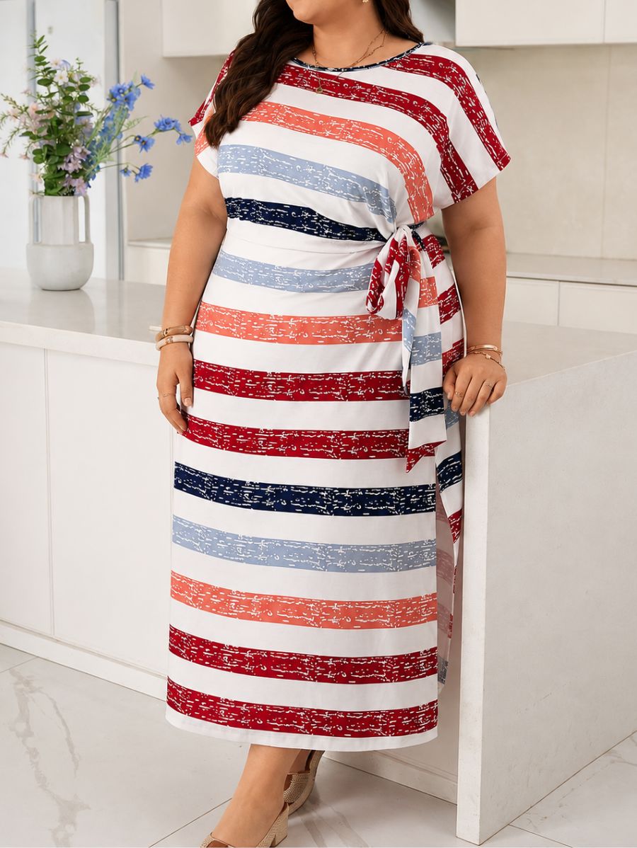 Vestido Midi A Rayas Con Abertura Lateral Plus Size Vestido Plus Size 02 ZAPRINI 