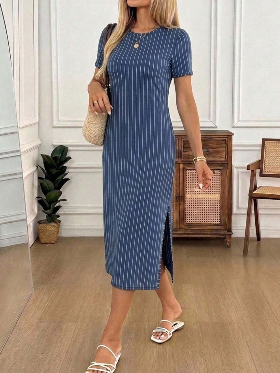 Vestido Midi De Manga Corta A Rayas Vestido 07 ZAPRINI XS 