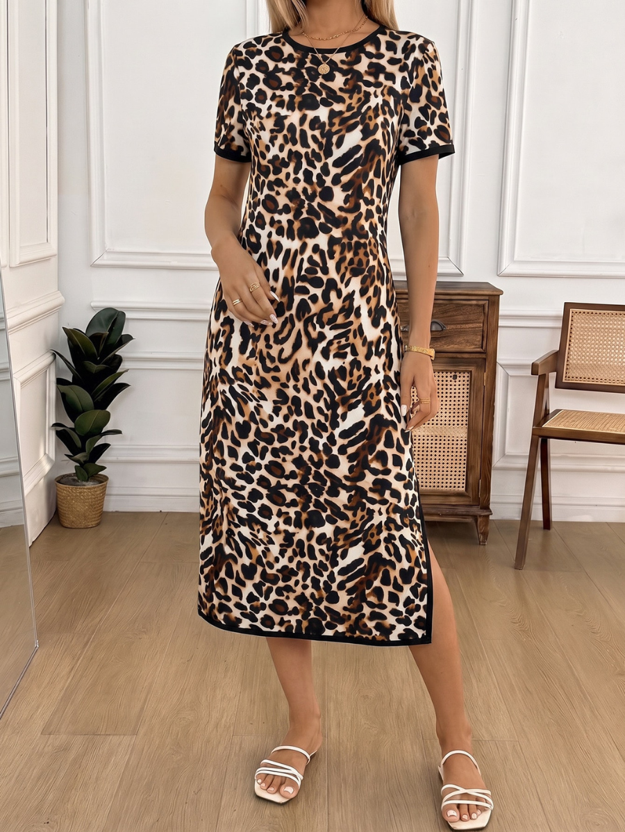 Vestido Midi De Manga Corta Leopardo