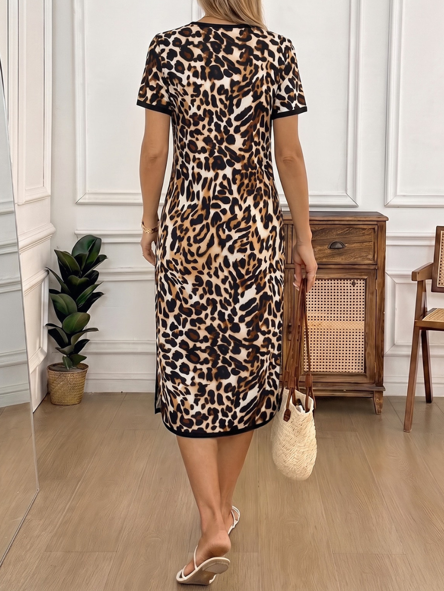 Vestido Midi De Manga Corta Leopardo