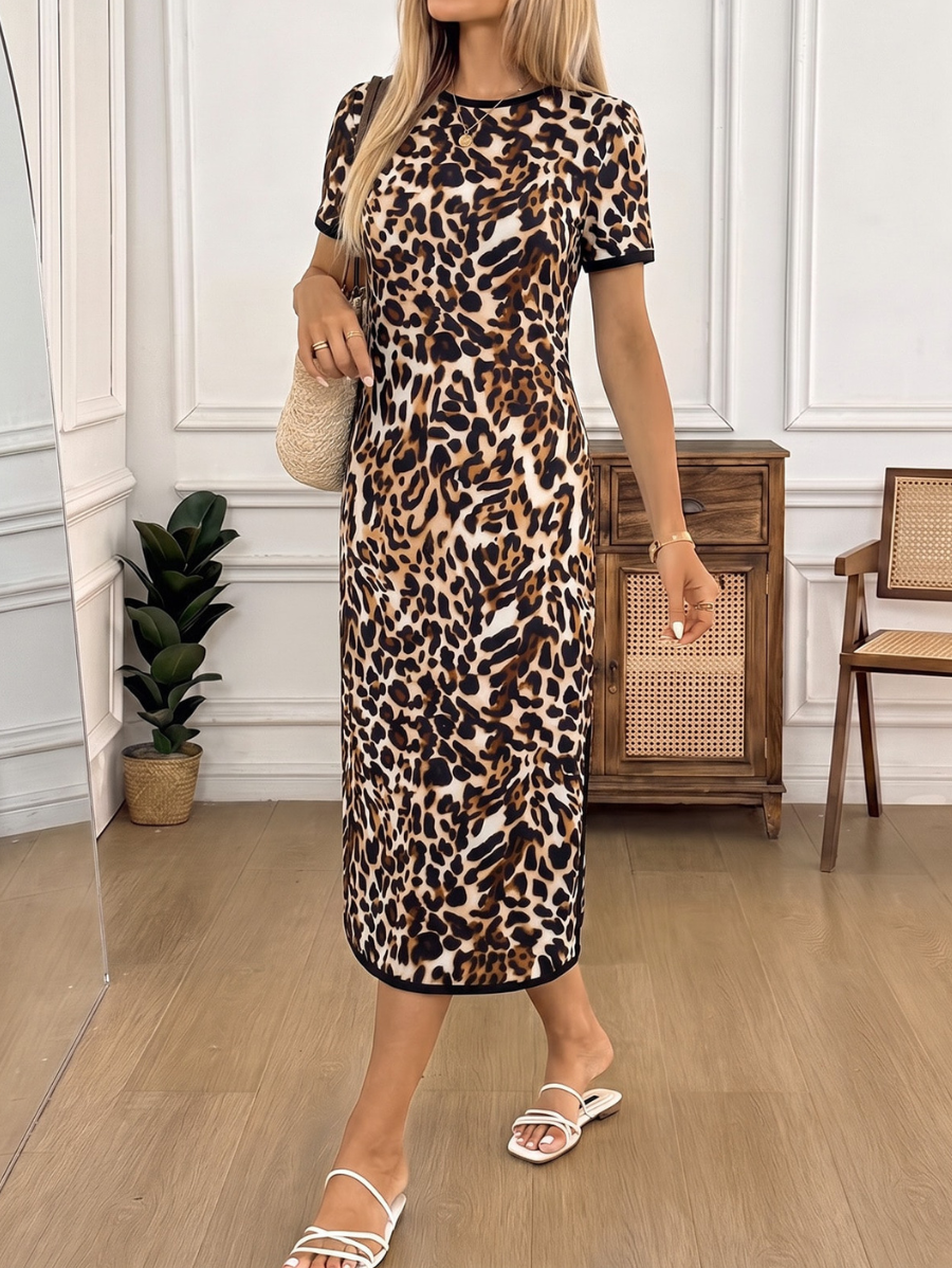 Vestido Midi De Manga Corta Leopardo