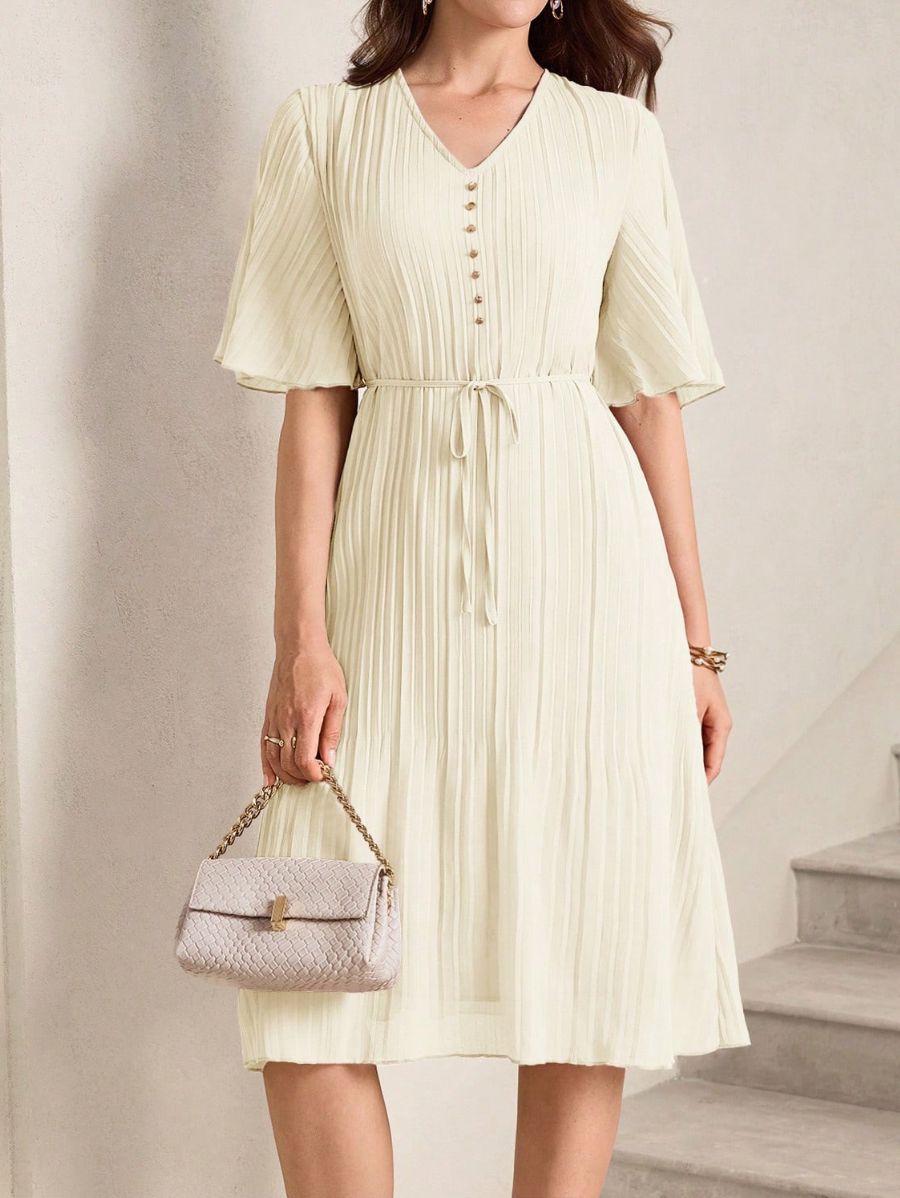 Vestido Plisado Con Detalle De Botones Vestido 19 ZAPRINI Beige S 